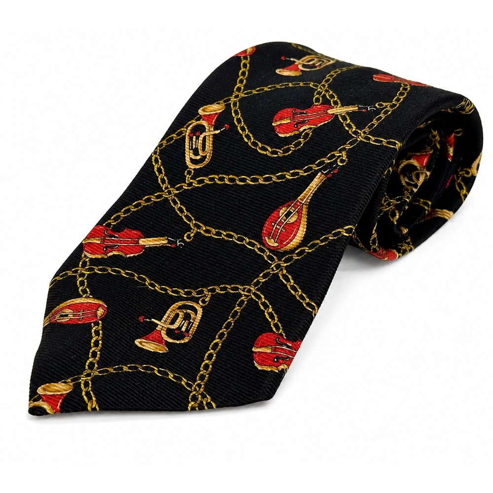 Chanel Paris Men's Necktie One Size Black Musical Instruments 100% Silk France